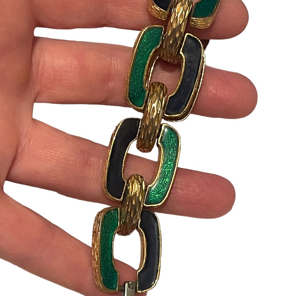 Vintage David Hill Green black enameled 1970s geometric link bracelet go…